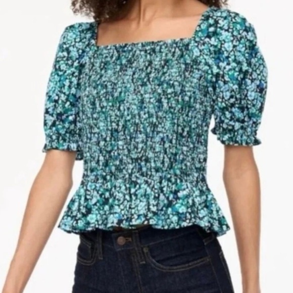J. Crew Tops - J. Crew Factory Floral Smocked Bodice Poplin Top Black Heritage Green Small